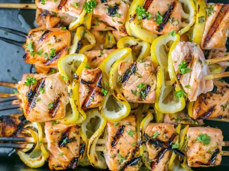 Grilled Salmon Skewers with Garlic and Dijon